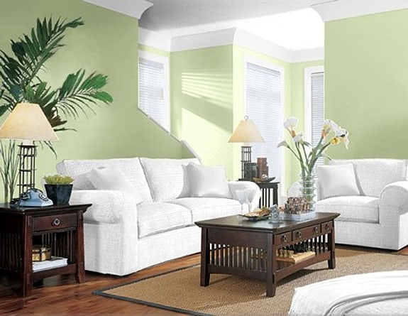 Living room with pale green walls and white trim